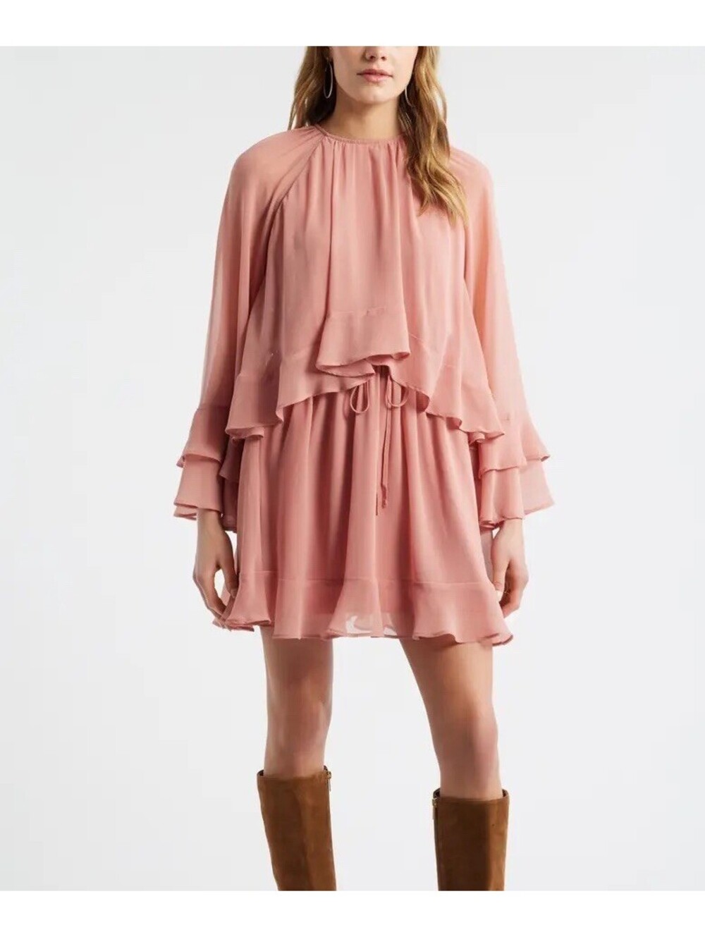 Treasure & Bond Tiered Long Sleeve Chiffon Mini Dress Blush Pink NWT Sz M